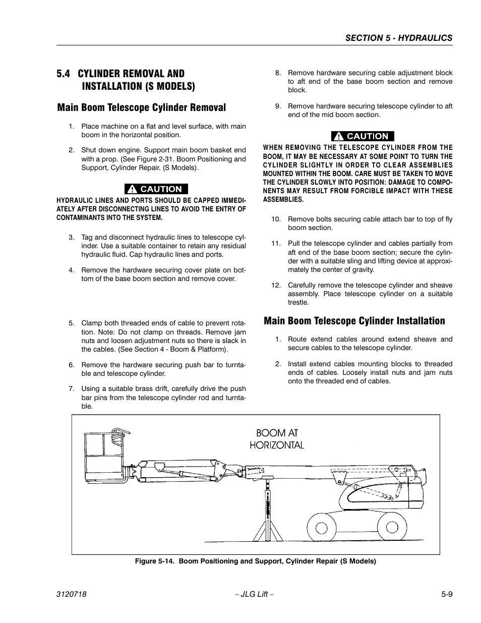 4 cylinder removal and installation (s models), Main boom telescope cylinder removal, Main boom telescope cylinder installation | Cylinder removal and installation (s models) -9 | JLG 660SJ ANSI Service Manual User Manual | Page 175 / 322