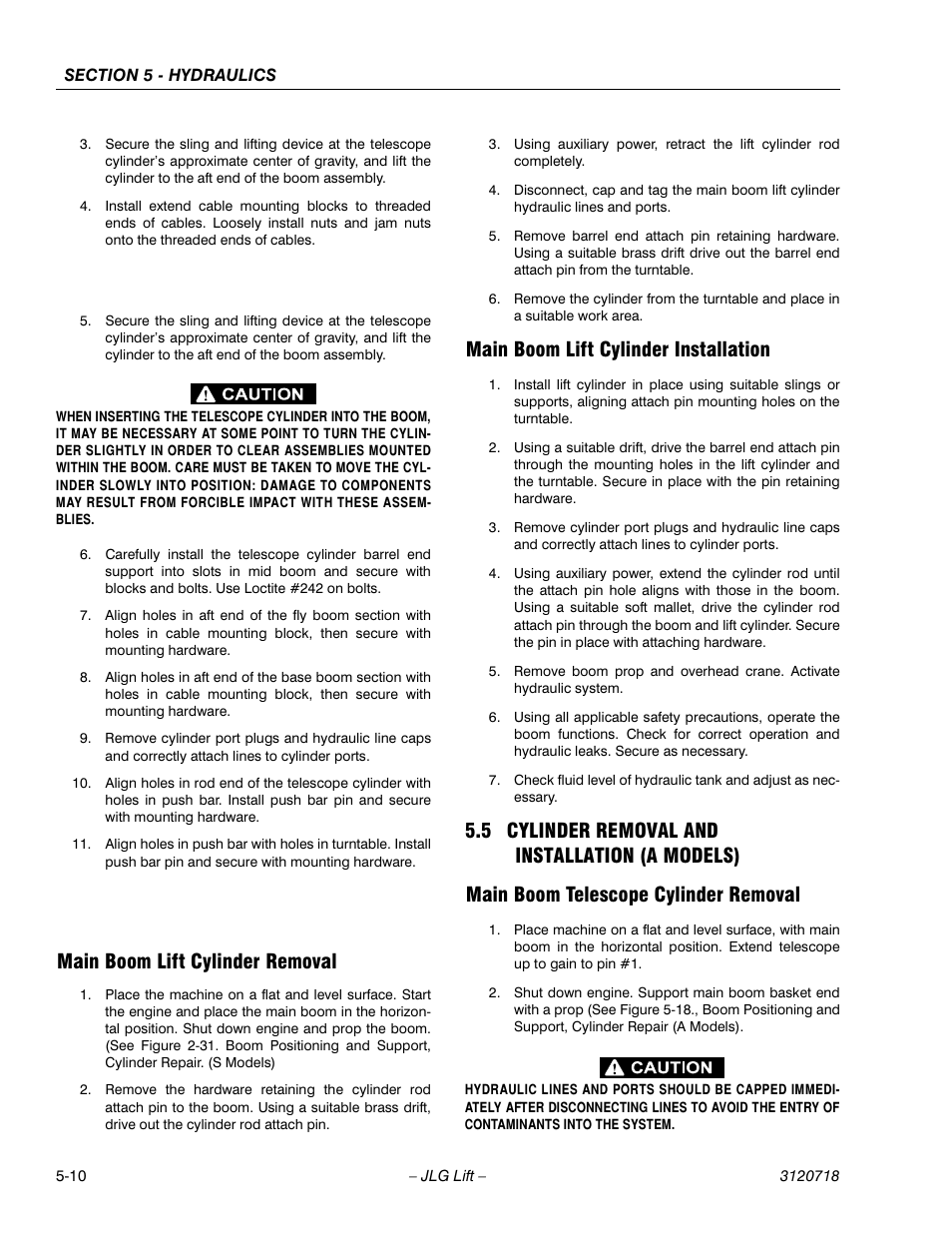 Main boom lift cylinder removal, Main boom lift cylinder installation, 5 cylinder removal and installation (a models) | Main boom telescope cylinder removal, Cylinder removal and installation (a models) -10, Main boom telescope cylinder removal -10 | JLG 660SJ ANSI Service Manual User Manual | Page 176 / 322