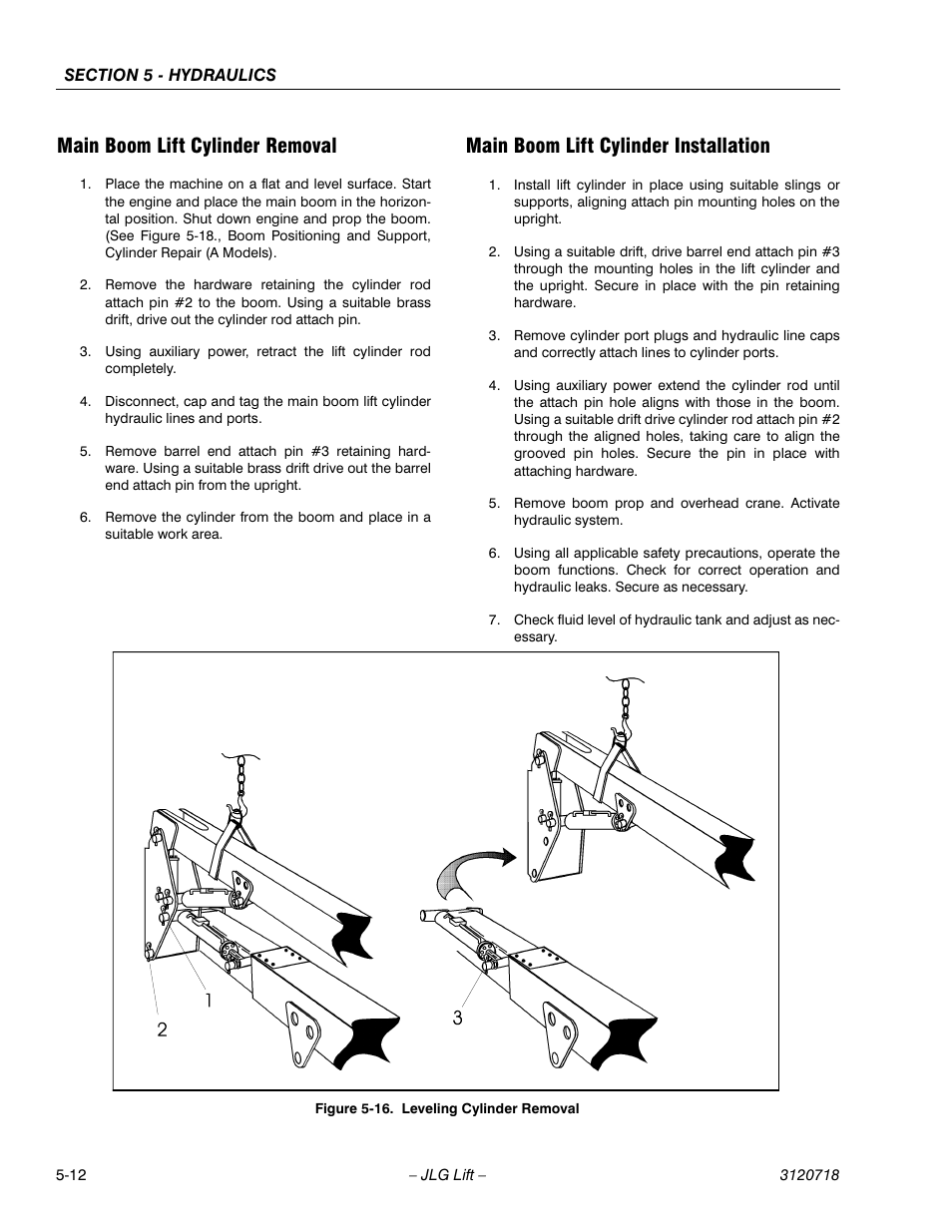 Main boom lift cylinder removal, Main boom lift cylinder installation, Leveling cylinder removal -12 | JLG 660SJ ANSI Service Manual User Manual | Page 178 / 322
