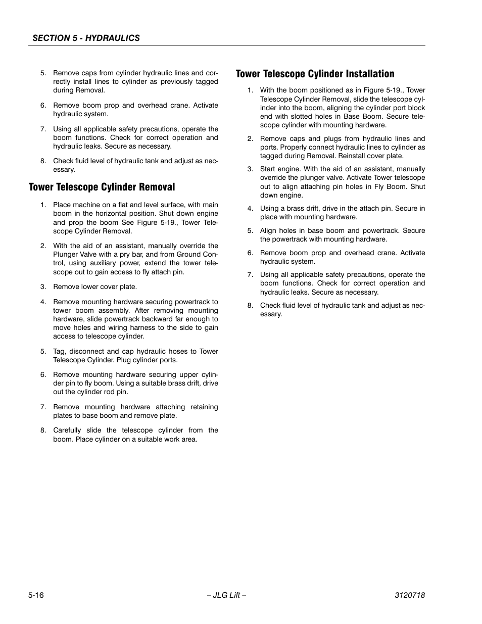 Tower telescope cylinder removal, Tower telescope cylinder installation | JLG 660SJ ANSI Service Manual User Manual | Page 182 / 322
