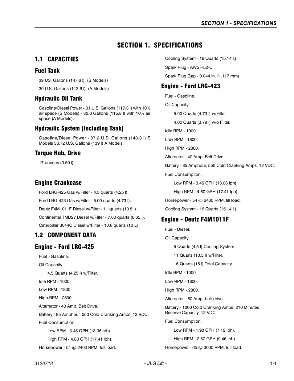 Section 1. specifications, 1 capacities, Fuel tank | Hydraulic oil tank, Hydraulic system (including tank), Torque hub, drive, Engine crankcase, 2 component data, Engine - ford lrg-425, Engine - ford lrg-423 | JLG 660SJ ANSI Service Manual User Manual | Page 19 / 322