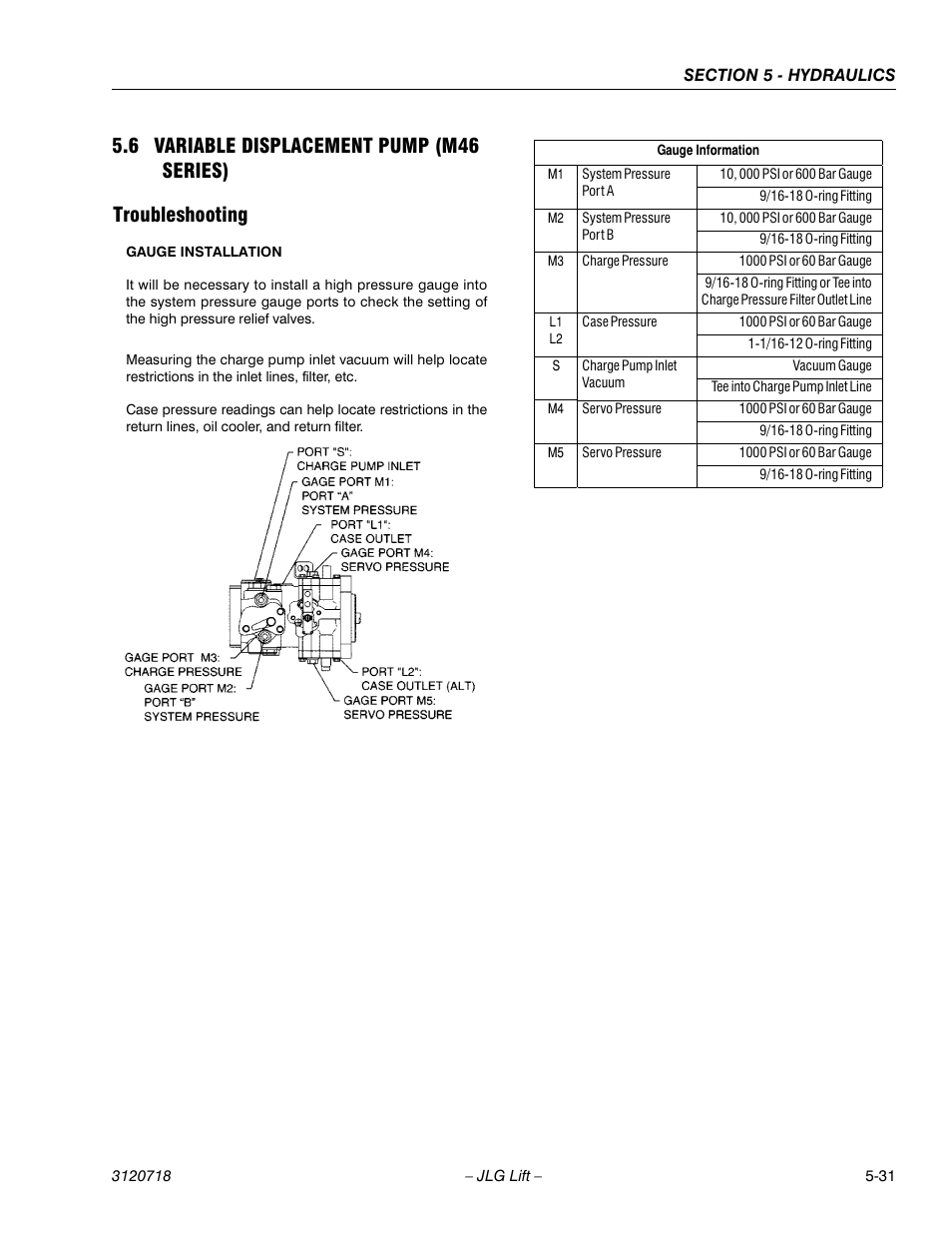6 variable displacement pump (m46 series), Troubleshooting, Variable displacement pump (m46 series) -31 | Troubleshooting -31 | JLG 660SJ ANSI Service Manual User Manual | Page 197 / 322