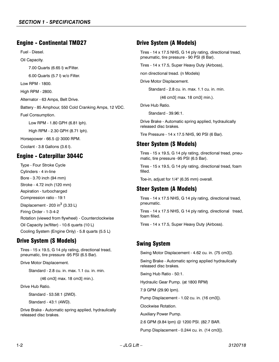 Engine - continental tmd27, Engine - caterpillar 3044c, Drive system (s models) | Drive system (a models), Steer system (s models), Steer system (a models), Swing system | JLG 660SJ ANSI Service Manual User Manual | Page 20 / 322