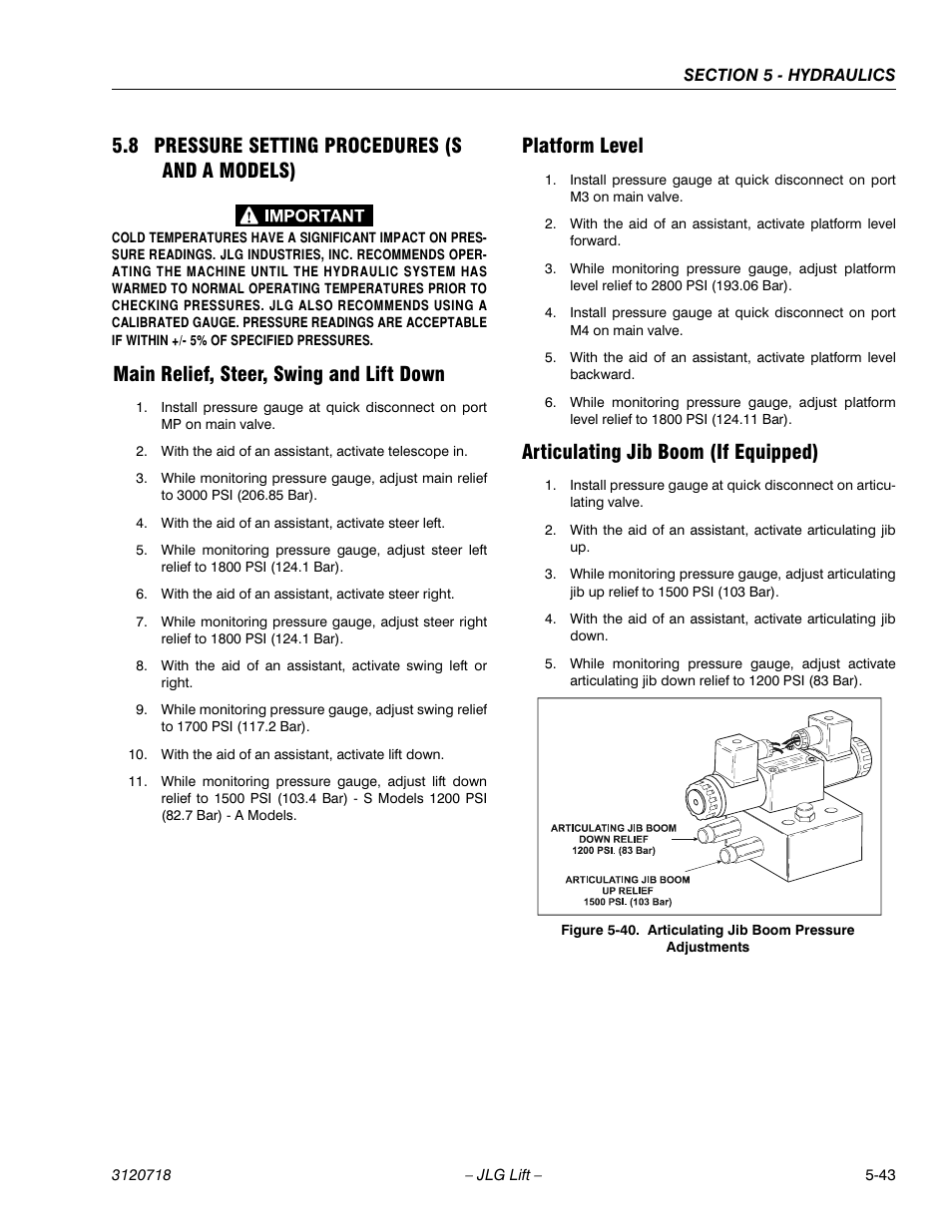 8 pressure setting procedures (s and a models), Main relief, steer, swing and lift down, Platform level | Articulating jib boom (if equipped), Pressure setting procedures (s and a models) -43, Articulating jib boom pressure adjustments -43 | JLG 660SJ ANSI Service Manual User Manual | Page 209 / 322