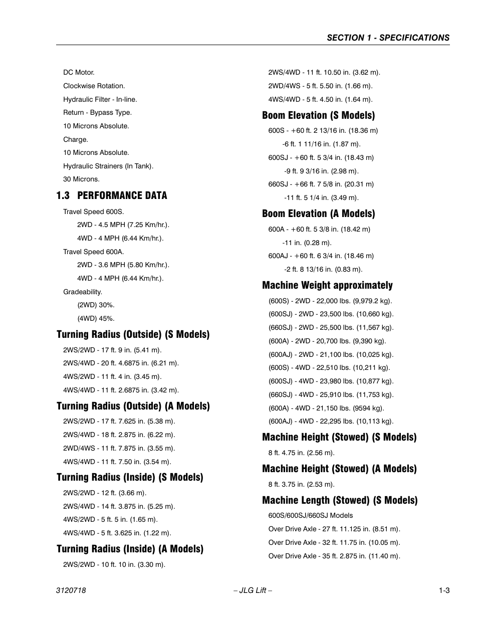 3 performance data, Turning radius (outside) (s models), Turning radius (outside) (a models) | Turning radius (inside) (s models), Turning radius (inside) (a models), Boom elevation (s models), Boom elevation (a models), Machine weight approximately, Machine height (stowed) (s models), Machine height (stowed) (a models) | JLG 660SJ ANSI Service Manual User Manual | Page 21 / 322