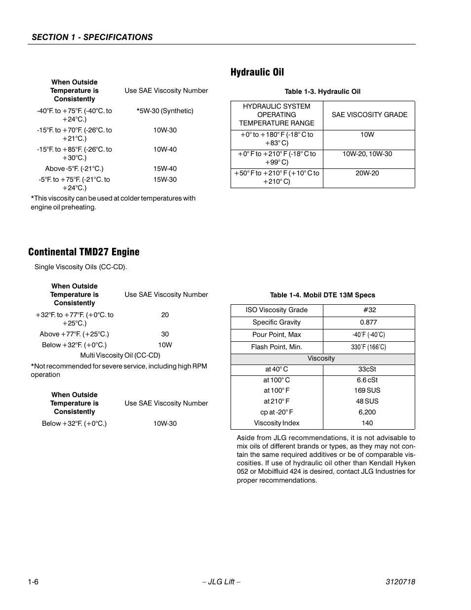 Continental tmd27 engine, Hydraulic oil, Continental tmd27 engine -6 hydraulic oil -6 | Hydraulic oil -6, Mobil dte 13m specs -6 | JLG 660SJ ANSI Service Manual User Manual | Page 24 / 322