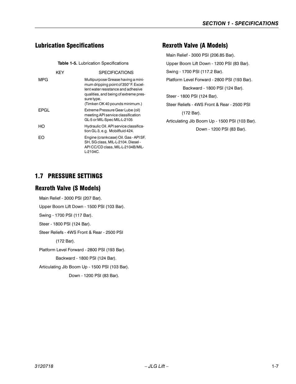 Lubrication specifications, 7 pressure settings, Rexroth valve (s models) | Rexroth valve (a models), Lubrication specifications -7, Pressure settings -7 | JLG 660SJ ANSI Service Manual User Manual | Page 25 / 322