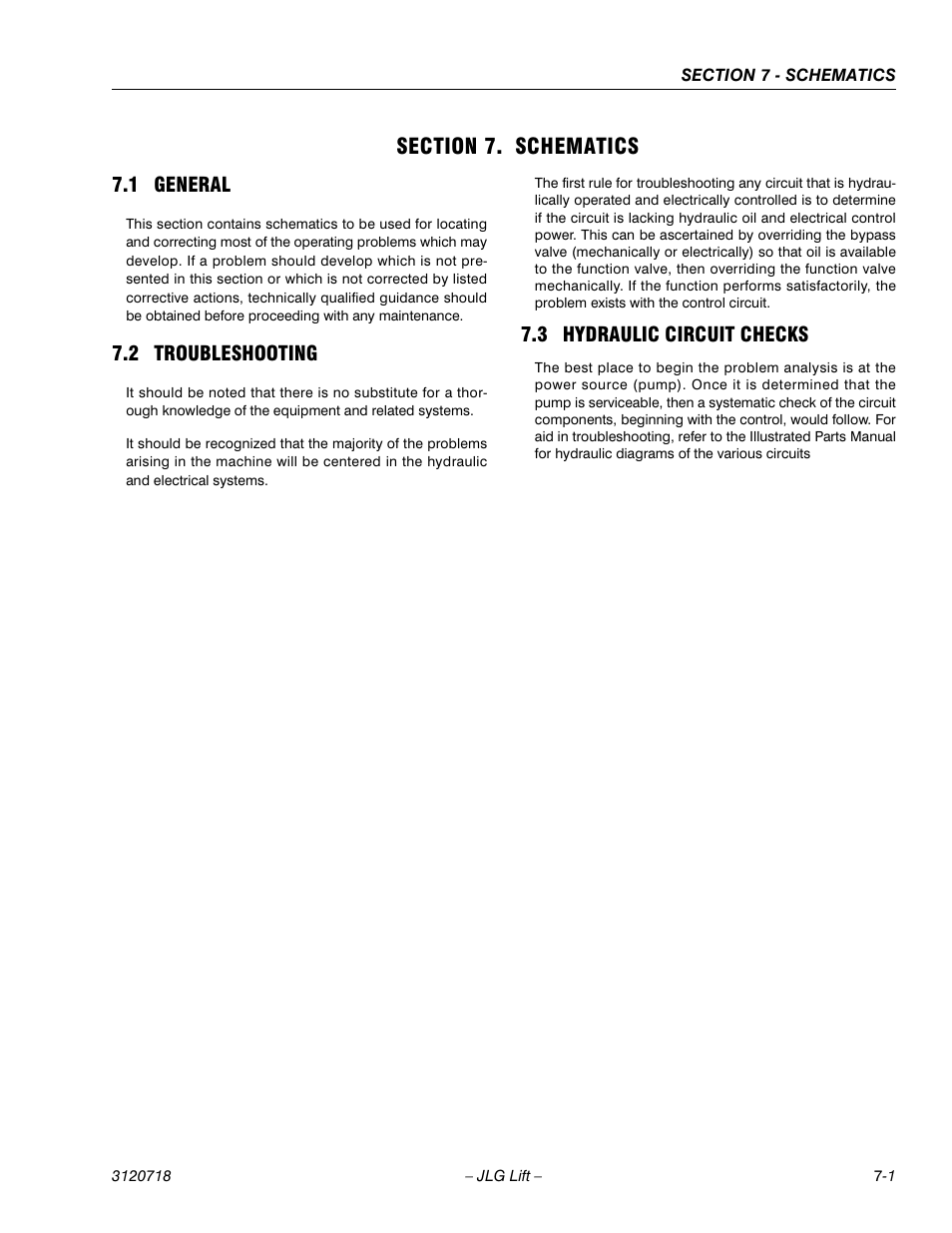 Section 7. schematics, 1 general, 2 troubleshooting | 3 hydraulic circuit checks, Section 7 - schematics, General -1, Troubleshooting -1, Hydraulic circuit checks -1 | JLG 660SJ ANSI Service Manual User Manual | Page 261 / 322