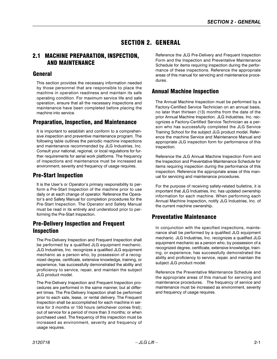 Section 2. general, 1 machine preparation, inspection, and maintenance, General | Preparation, inspection, and maintenance, Pre-start inspection, Pre-delivery inspection and frequent inspection, Annual machine inspection, Preventative maintenance, Section 2 - general | JLG 660SJ ANSI Service Manual User Manual | Page 37 / 322