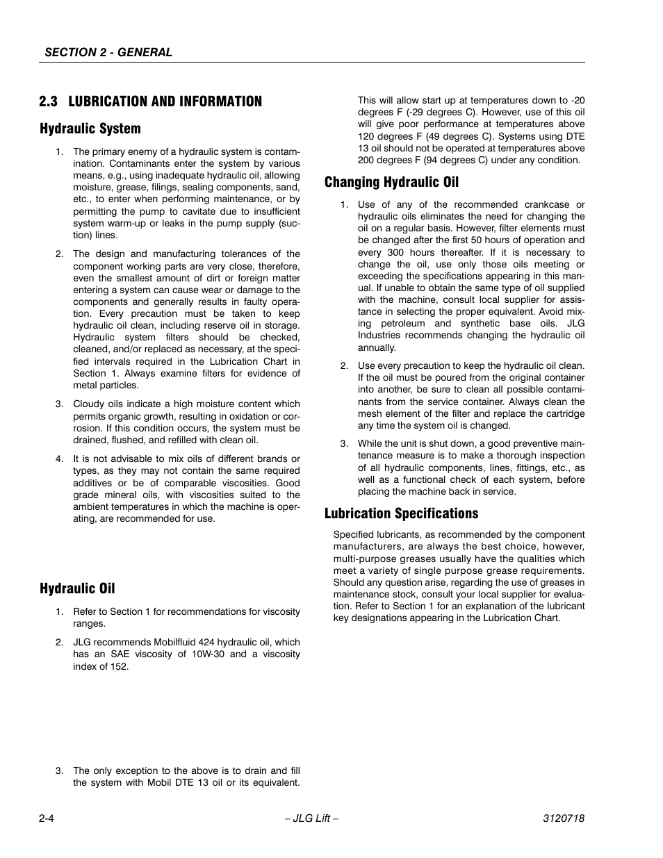 3 lubrication and information, Hydraulic system, Hydraulic oil | Changing hydraulic oil, Lubrication specifications, Lubrication and information -4, 3 lubrication and information hydraulic system | JLG 660SJ ANSI Service Manual User Manual | Page 40 / 322