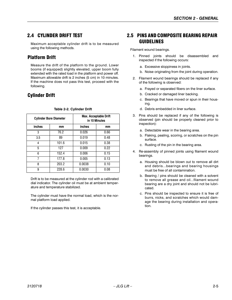 4 cylinder drift test, Platform drift, Cylinder drift | 5 pins and composite bearing repair guidelines, Cylinder drift test -5, Platform drift -5 cylinder drift -5, Pins and composite bearing repair guidelines -5, Cylinder drift -5 | JLG 660SJ ANSI Service Manual User Manual | Page 41 / 322