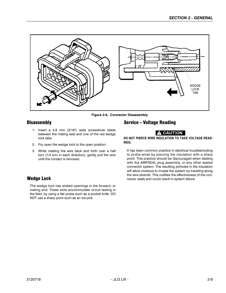 Disassembly, Wedge lock, Service - voltage reading | Connector disassembly -9 | JLG 660SJ ANSI Service Manual User Manual | Page 45 / 322