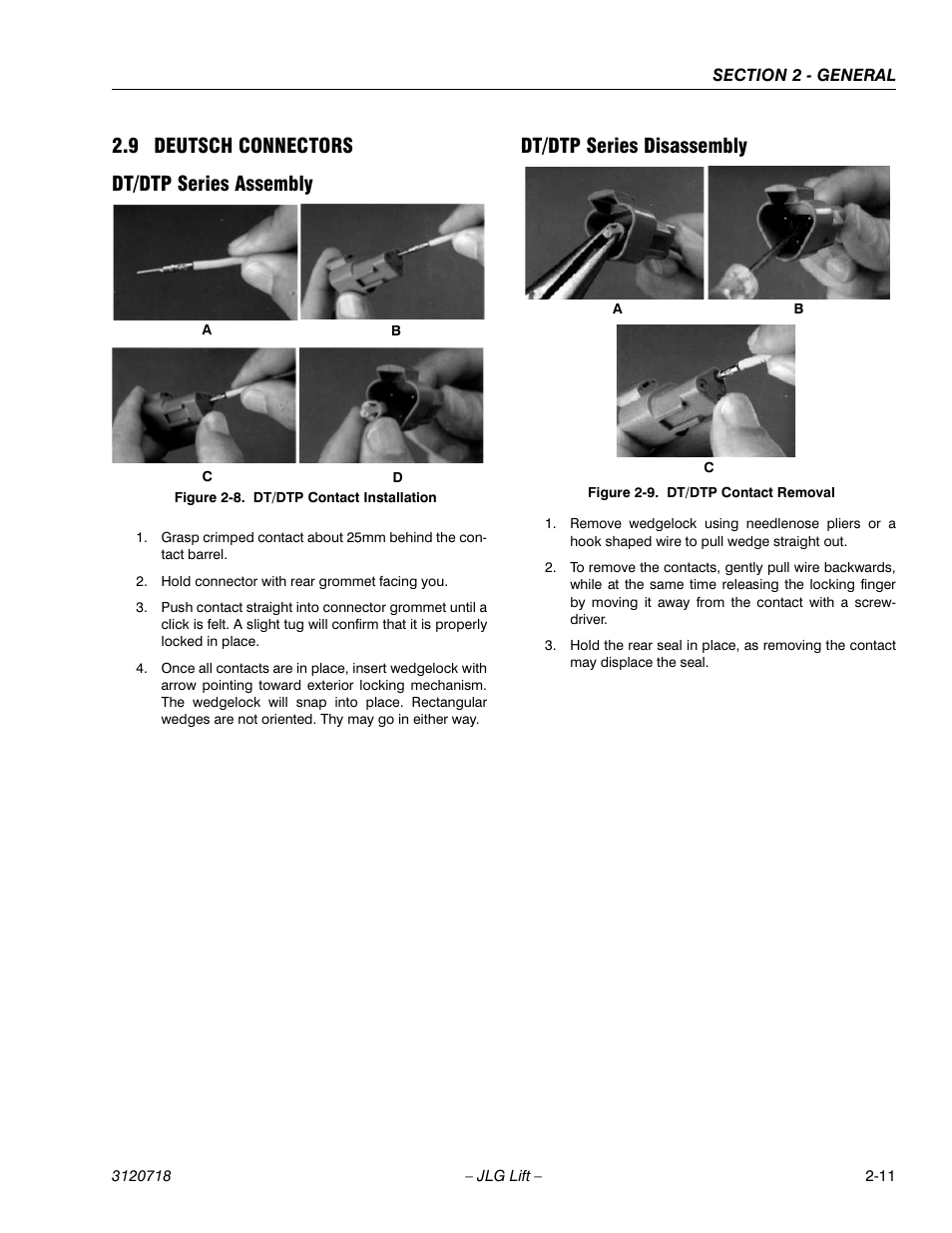 9 deutsch connectors, Dt/dtp series assembly, Dt/dtp series disassembly | Deutsch connectors -11, Dt/dtp contact installation -11, Dt/dtp contact removal -11, 9 deutsch connectors dt/dtp series assembly | JLG 660SJ ANSI Service Manual User Manual | Page 47 / 322
