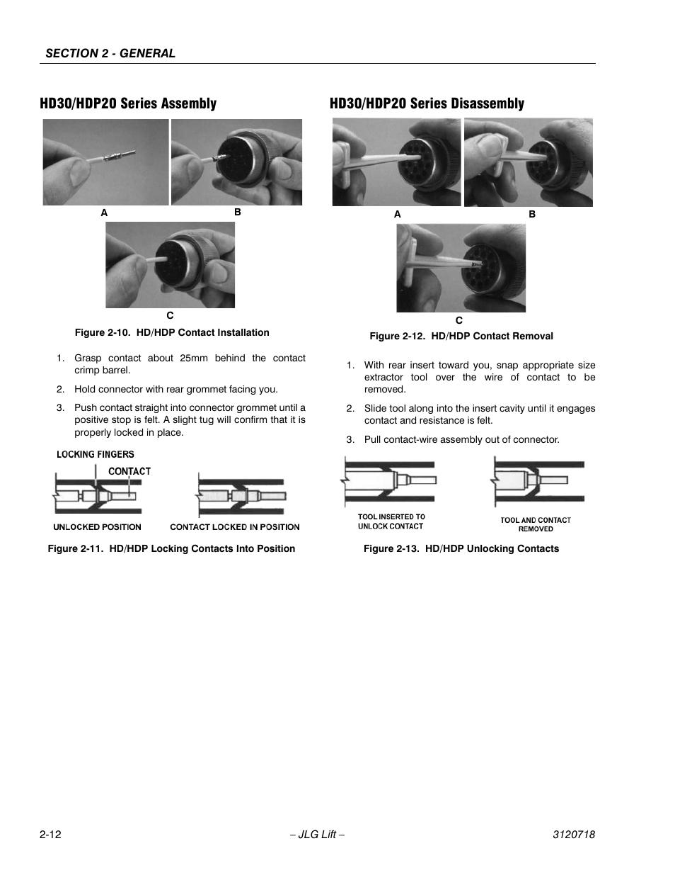 Hd30/hdp20 series assembly, Hd30/hdp20 series disassembly, Hd/hdp contact installation -12 | Hd/hdp locking contacts into position -12, Hd/hdp contact removal -12, Hd/hdp unlocking contacts -12 | JLG 660SJ ANSI Service Manual User Manual | Page 48 / 322