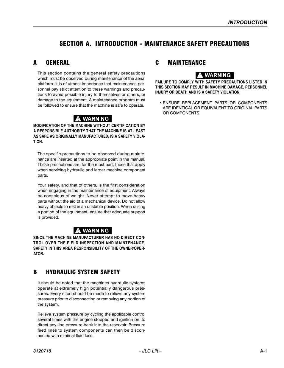 A general, B hydraulic system safety, C maintenance | Ageneral, Bhydraulic system safety, Cmaintenance | JLG 660SJ ANSI Service Manual User Manual | Page 5 / 322
