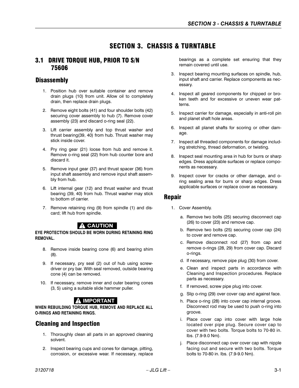 Section 3. chassis & turntable, 1 drive torque hub, prior to s/n 75606, Disassembly | Cleaning and inspection, Repair, Section 3 - chassis & turntable, Drive torque hub, prior to s/n 75606 -1 | JLG 660SJ ANSI Service Manual User Manual | Page 55 / 322