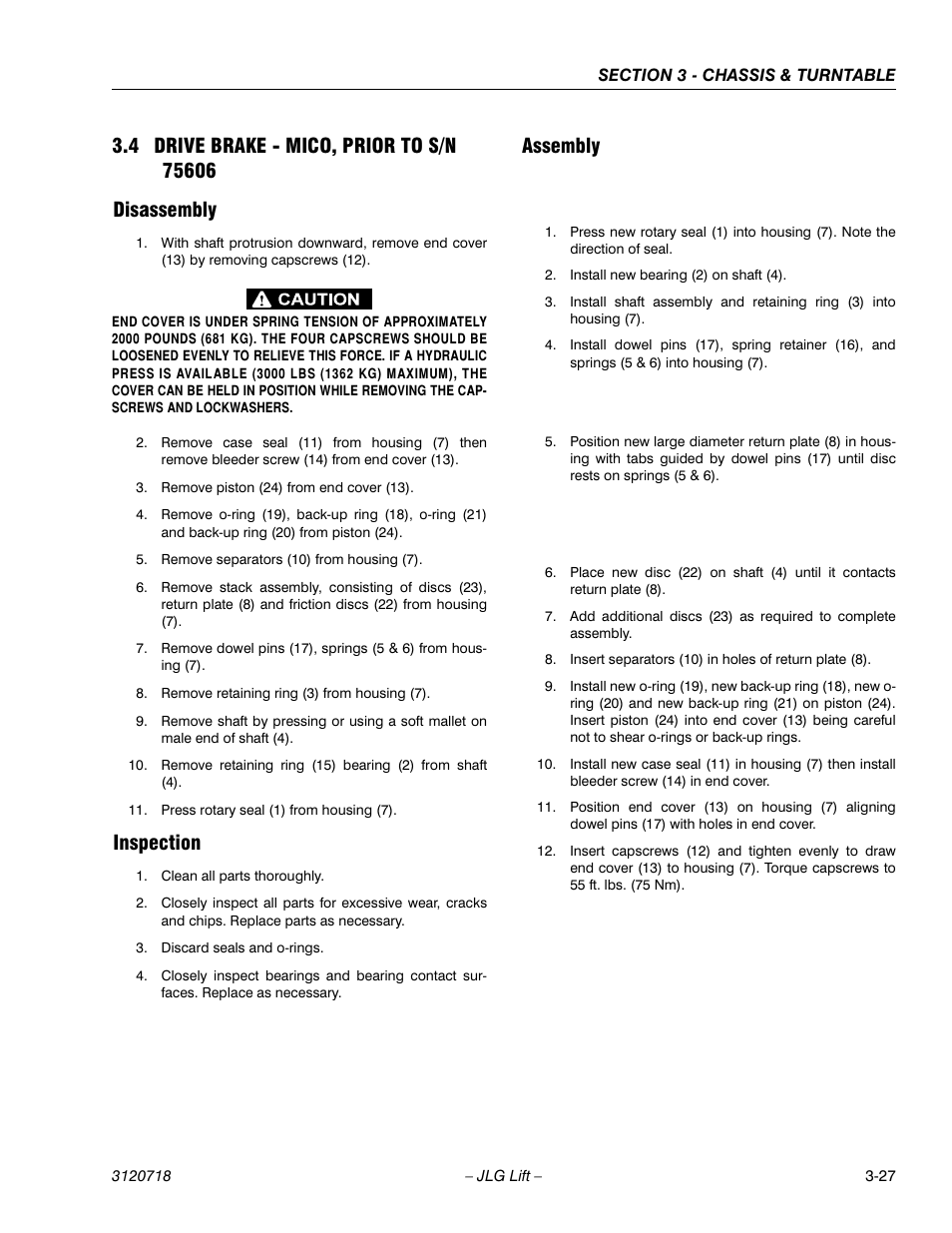 4 drive brake - mico, prior to s/n 75606, Disassembly, Inspection | Assembly, Drive brake - mico, prior to s/n 75606 -27, Disassembly -27 inspection -27 assembly -27 | JLG 660SJ ANSI Service Manual User Manual | Page 81 / 322