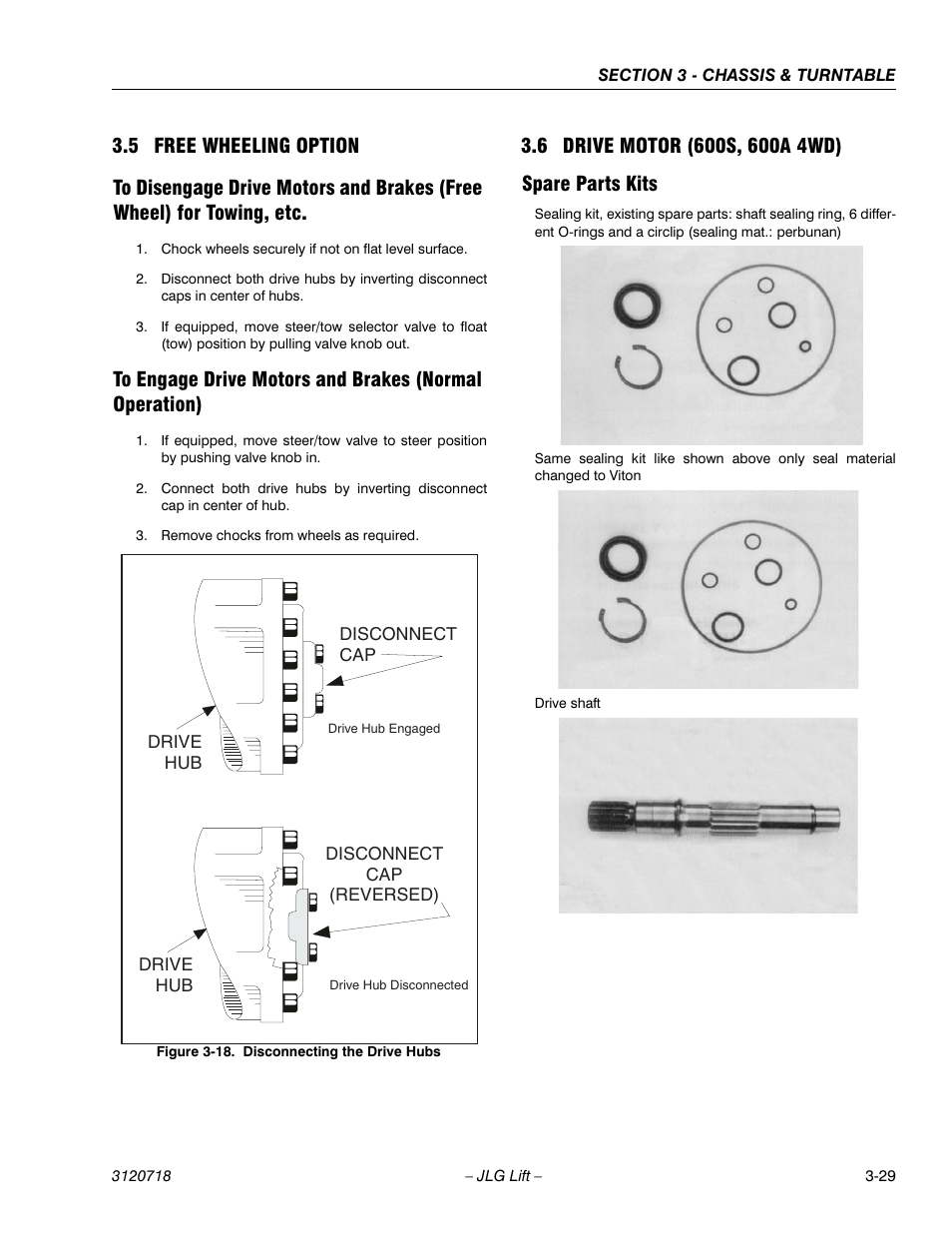 5 free wheeling option, 6 drive motor (600s, 600a 4wd), Spare parts kits | Free wheeling option -29, Drive motor (600s, 600a 4wd) -29, Spare parts kits -29, Disconnecting the drive hubs -29 | JLG 660SJ ANSI Service Manual User Manual | Page 83 / 322