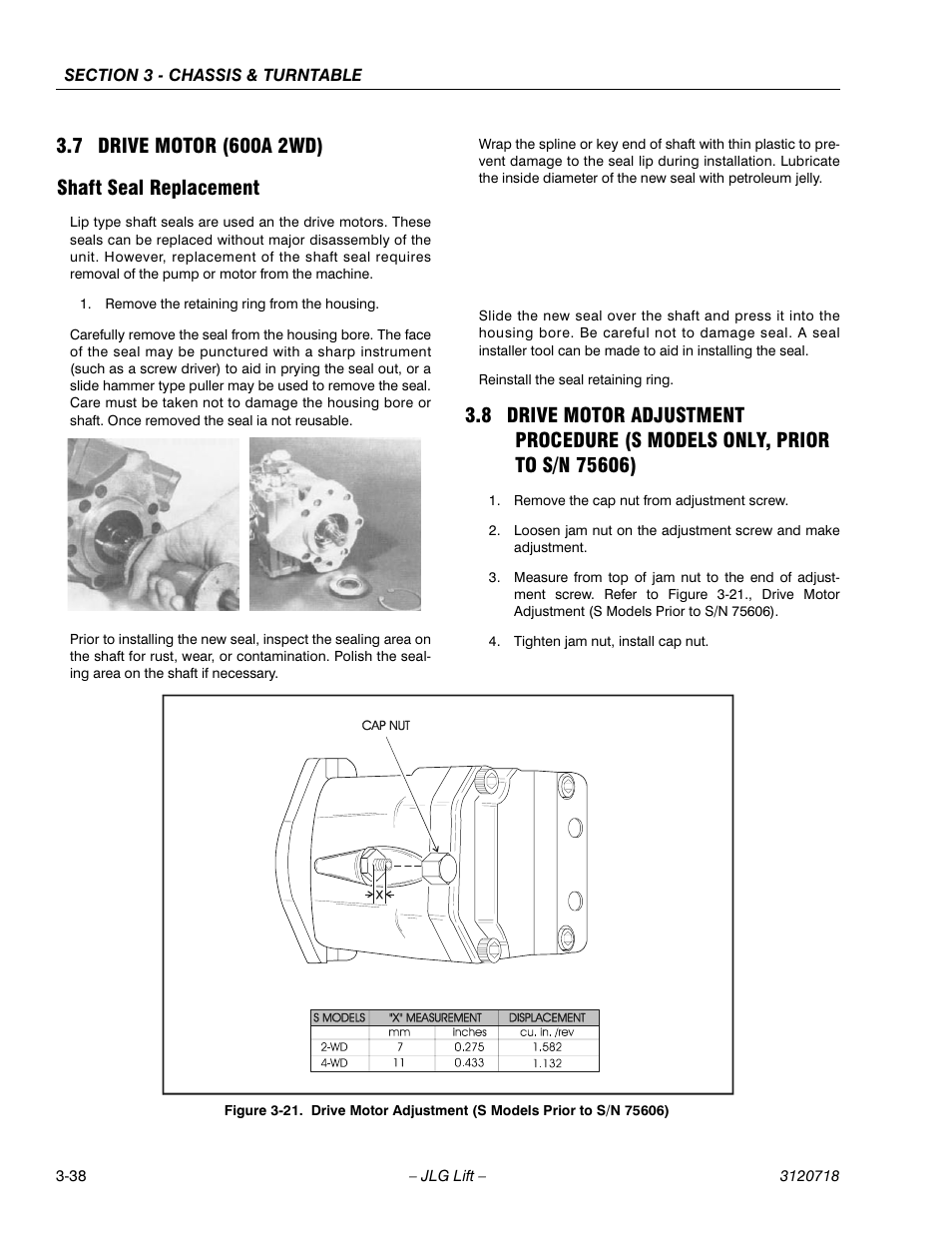 7 drive motor (600a 2wd), Shaft seal replacement, Drive motor (600a 2wd) -38 | Shaft seal replacement -38 | JLG 660SJ ANSI Service Manual User Manual | Page 92 / 322