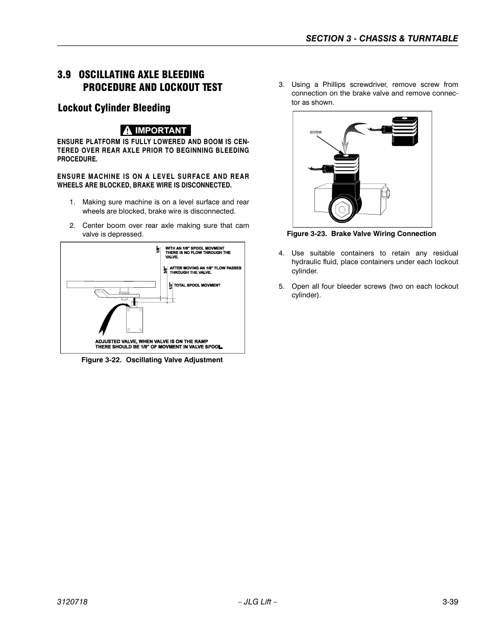 Lockout cylinder bleeding, Lockout cylinder bleeding -39, Oscillating valve adjustment -39 | Brake valve wiring connection -39 | JLG 660SJ ANSI Service Manual User Manual | Page 93 / 322