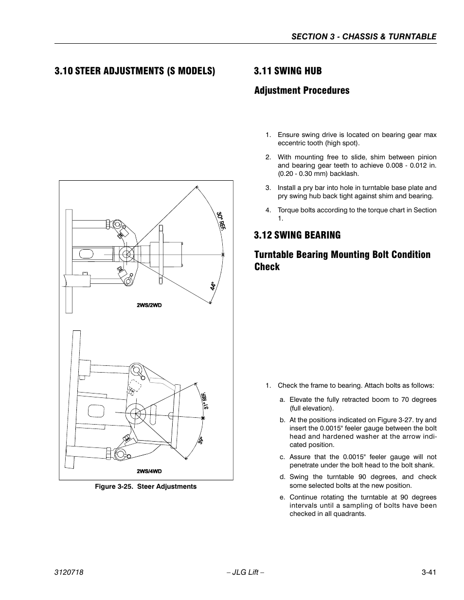 10 steer adjustments (s models), 11 swing hub, Adjustment procedures | 12 swing bearing, Turntable bearing mounting bolt condition check, Steer adjustments (s models) -41, Swing hub -41, Adjustment procedures -41, Swing bearing -41, Steer adjustments -41 | JLG 660SJ ANSI Service Manual User Manual | Page 95 / 322