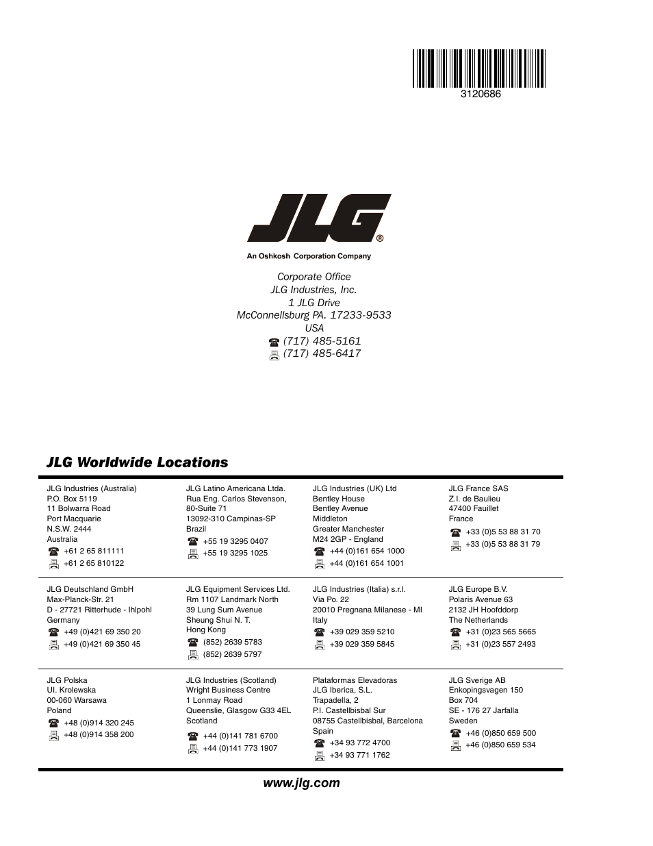 Jlg worldwide locations | JLG 120HX ANSI Service Manual User Manual | Page 114 / 114