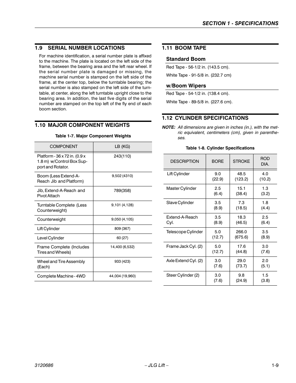 9 serial number locations, 10 major component weights, 11 boom tape | 12 cylinder specifications, Serial number locations -9, Major component weights -9, Boom tape -9, Cylinder specifications -9 | JLG 120HX ANSI Service Manual User Manual | Page 19 / 114