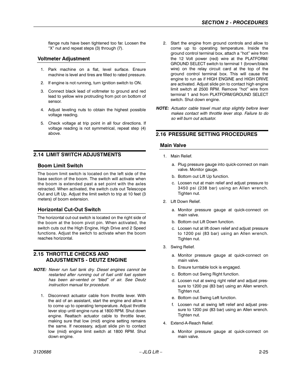 14 limit switch adjustments, 15 throttle checks and adjustments - deutz engine, 16 pressure setting procedures | Limit switch adjustments -25, Throttle checks and adjustments - deutz engine -25, Pressure setting procedures -25 | JLG 120HX ANSI Service Manual User Manual | Page 45 / 114