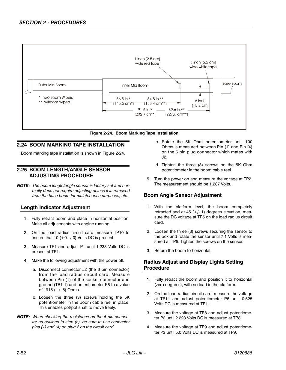 24 boom marking tape installation, 25 boom length/angle sensor adjusting procedure, Boom marking tape installation -52 | Boom length/angle sensor adjusting procedure -52 | JLG 120HX ANSI Service Manual User Manual | Page 72 / 114