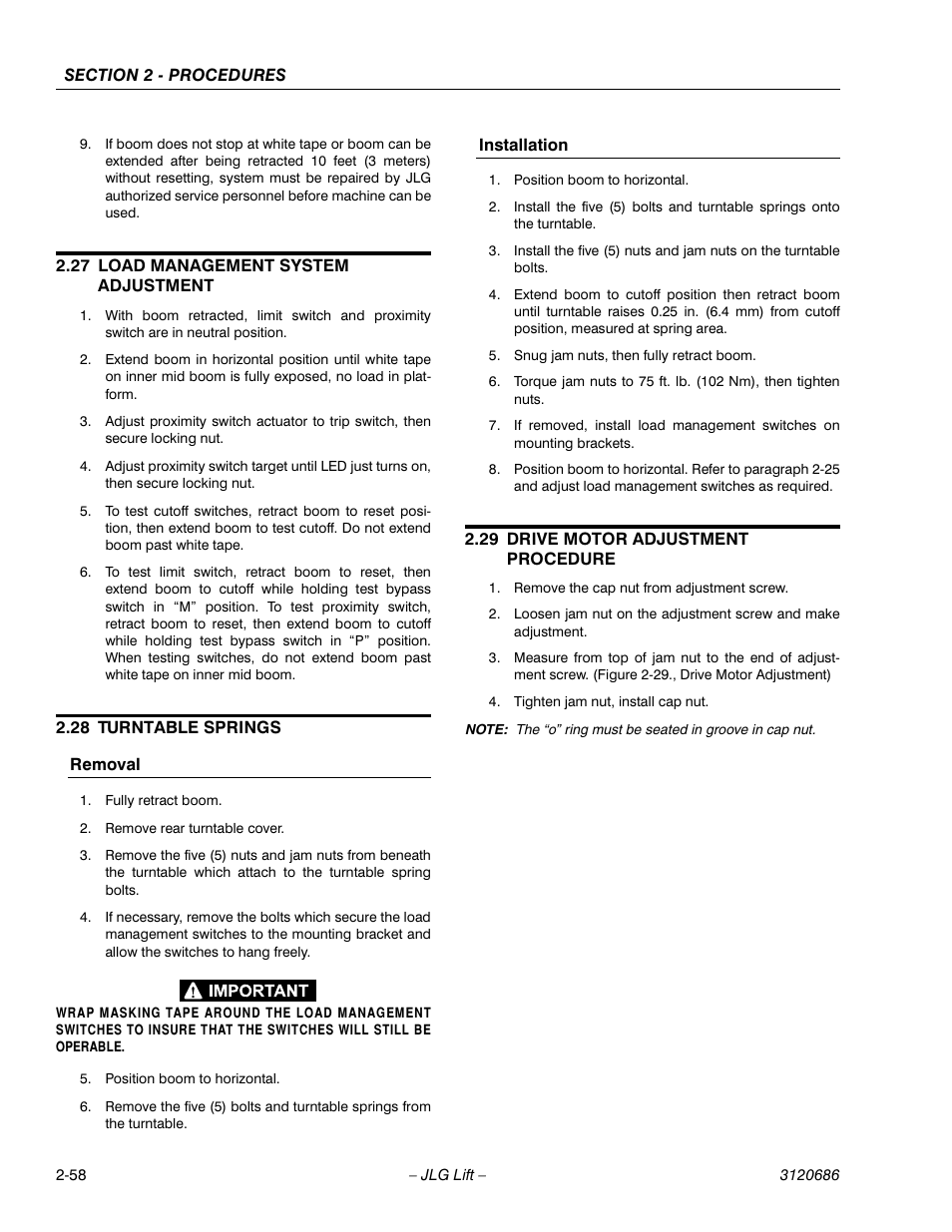 27 load management system adjustment, 28 turntable springs, 29 drive motor adjustment procedure | Load management system adjustment -58, Turntable springs -58, Drive motor adjustment procedure -58 | JLG 120HX ANSI Service Manual User Manual | Page 78 / 114