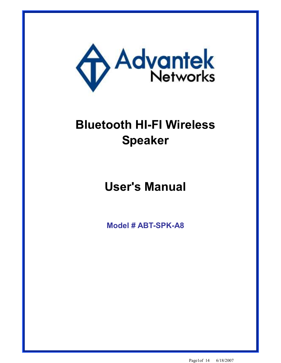 Advantek Networks ABT-SPK-A8 User Manual | 14 pages