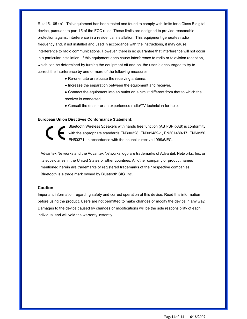 Advantek Networks ABT-SPK-A8 User Manual | Page 14 / 14