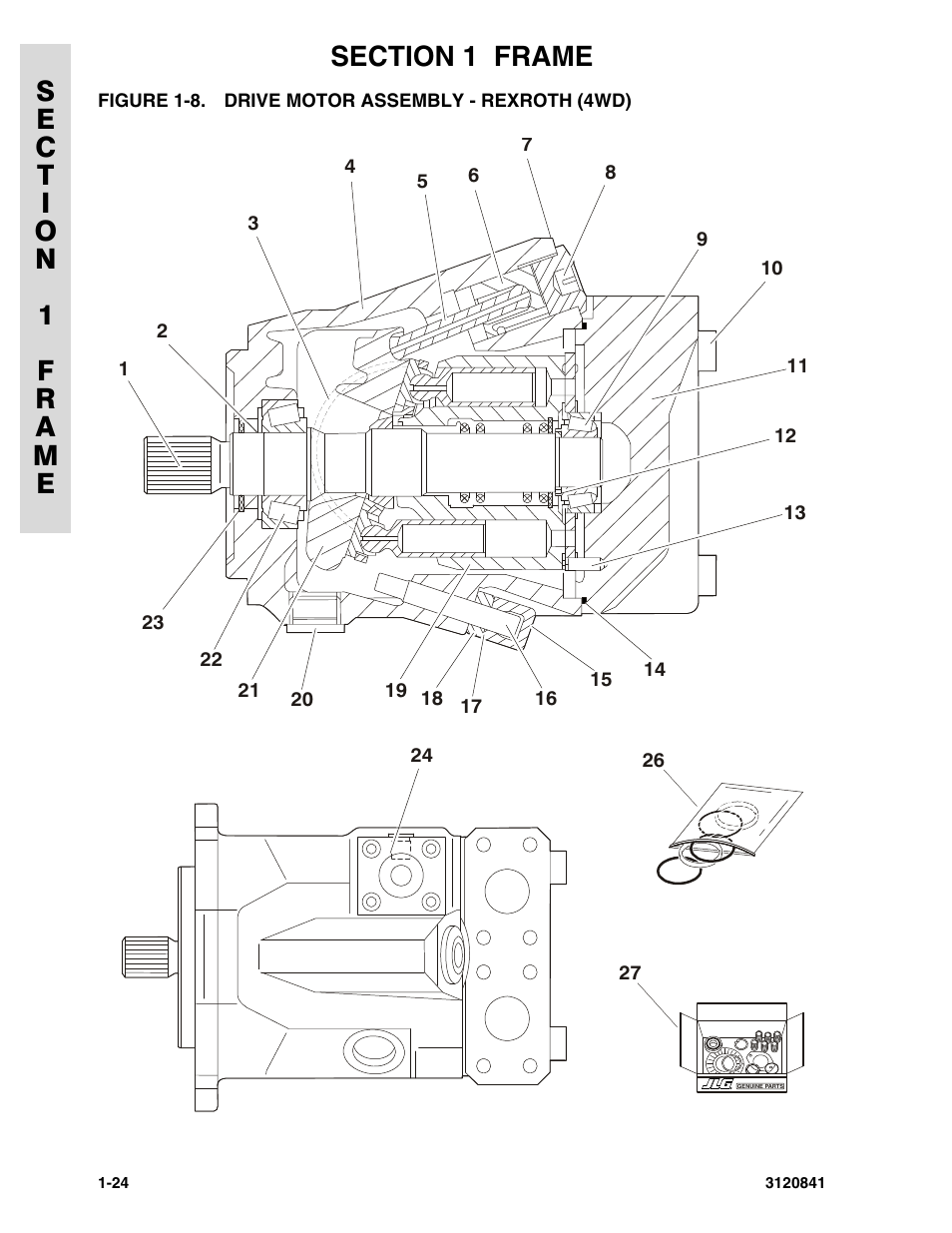 Figure 1-8. drive motor assembly - rexroth (4wd), Drive motor assembly - rexroth (4wd) -24 | JLG 600A_AJ Parts Manual User Manual | Page 32 / 312