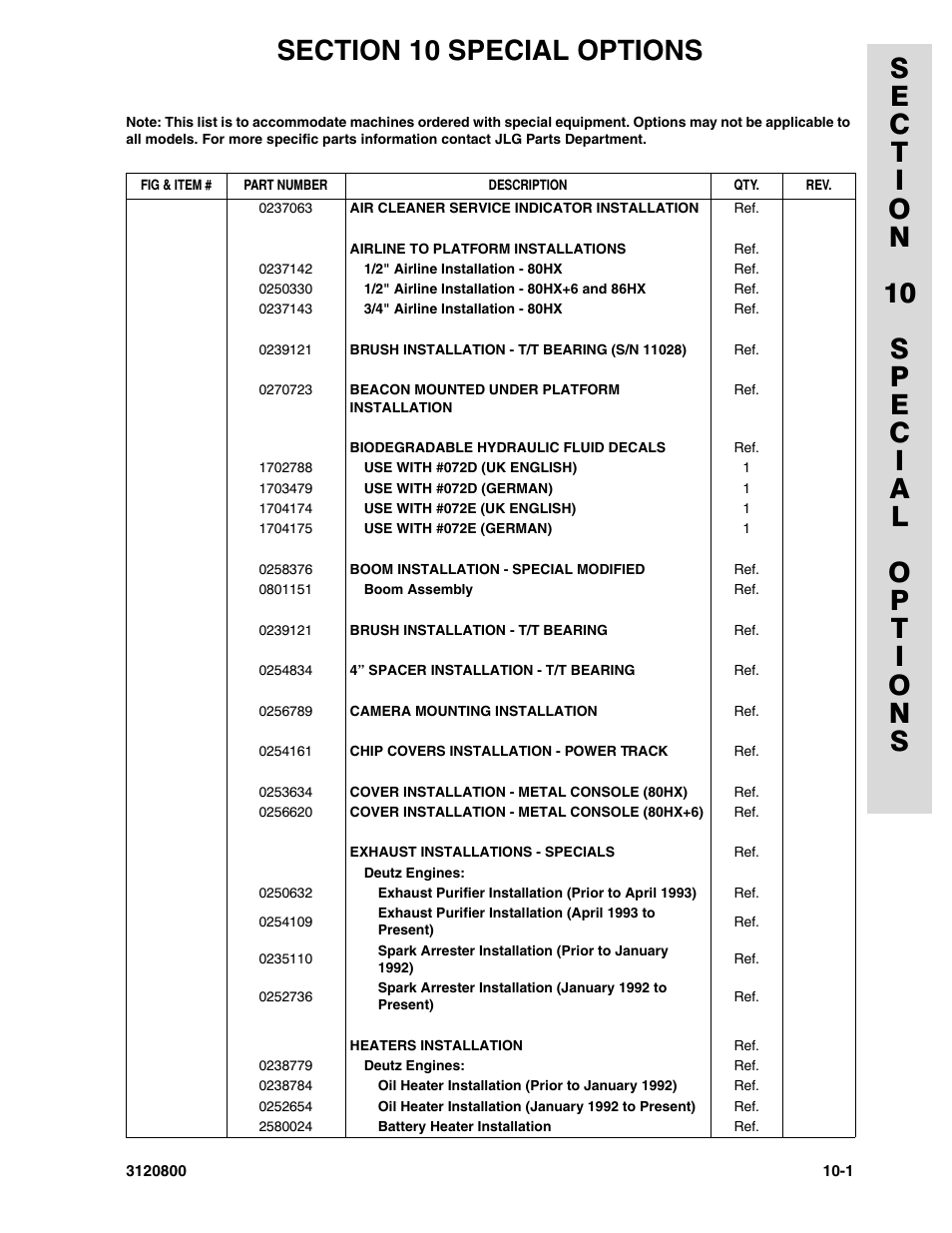 Section 10 special options, Section 10 - special options -1 | JLG 80HX_HX+6 Parts Manual User Manual | Page 351 / 380