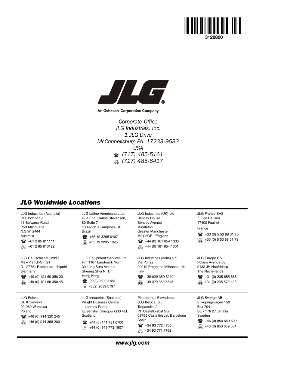 Jlg worldwide locations | JLG 80HX_HX+6 Parts Manual User Manual | Page 380 / 380