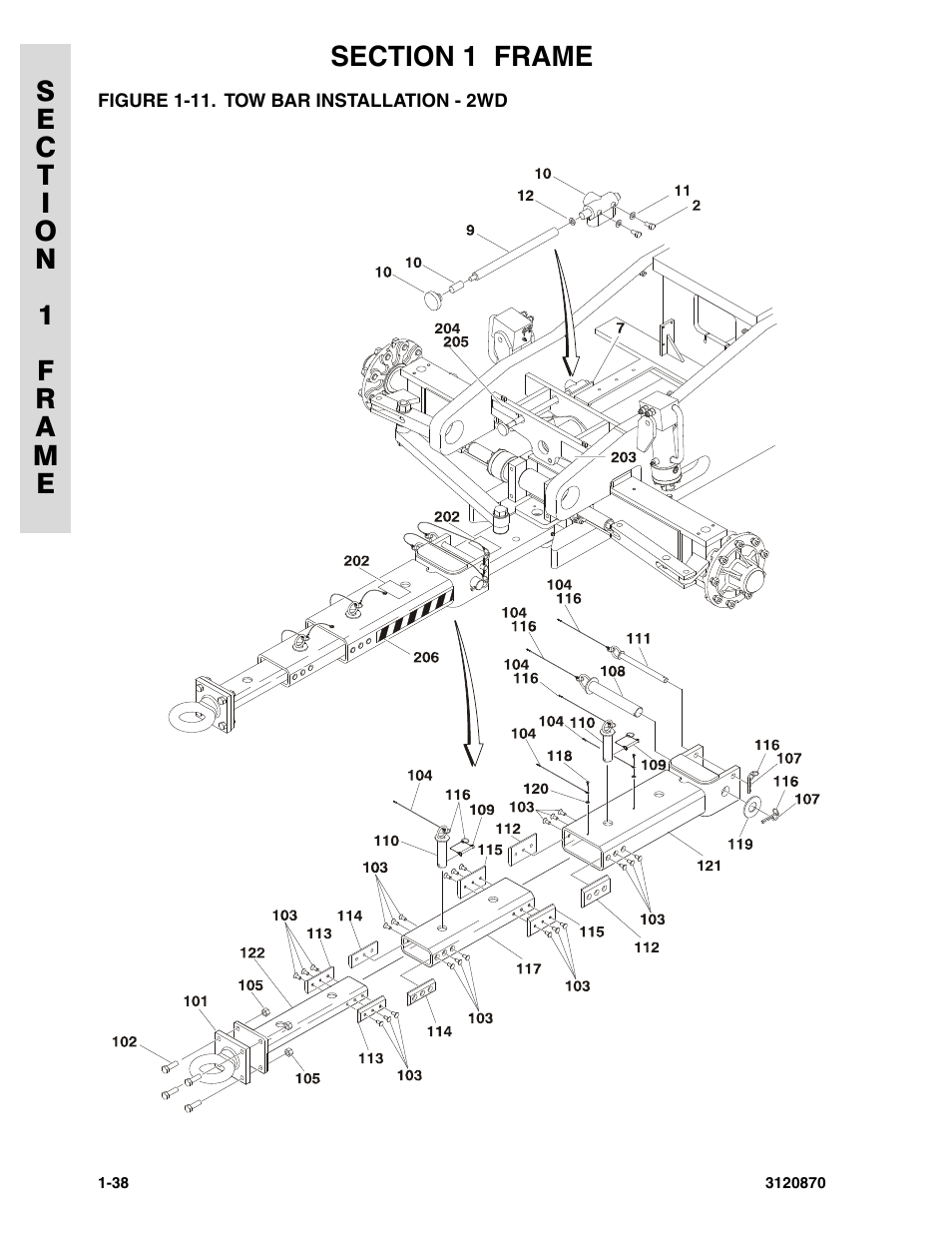 Figure 1-11. tow bar installation - 2wd, Tow bar installation - 2wd -40 | JLG 450AJ Parts Manual User Manual | Page 44 / 212