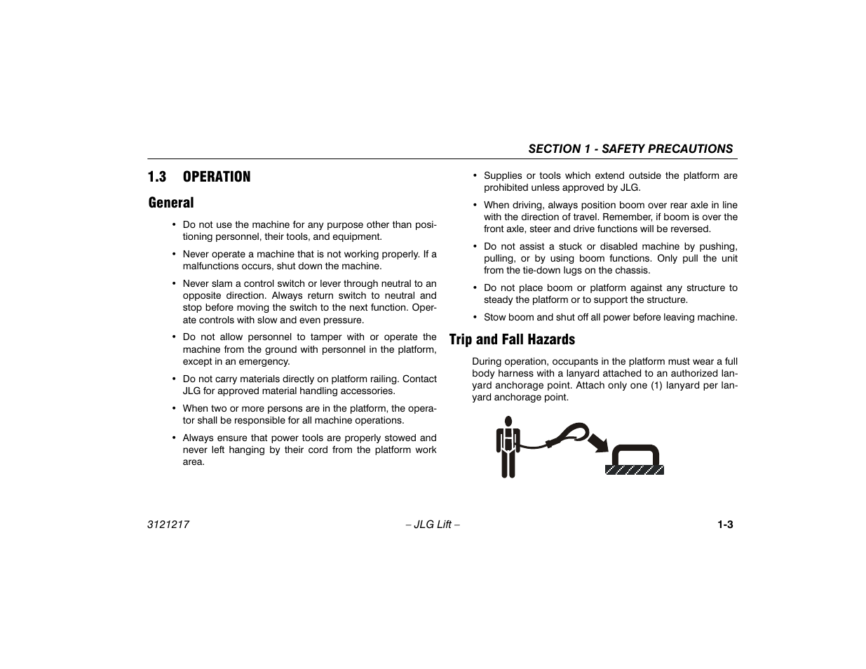 3 operation, General, Trip and fall hazards | Operation -3, General -3 trip and fall hazards -3, 3 operation general | JLG M600 Operator Manual User Manual | Page 13 / 102