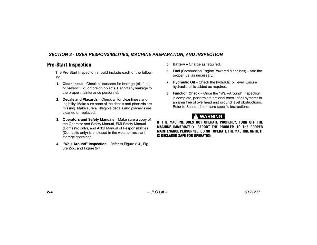 Pre-start inspection, Pre-start inspection -4 | JLG M600 Operator Manual User Manual | Page 24 / 102