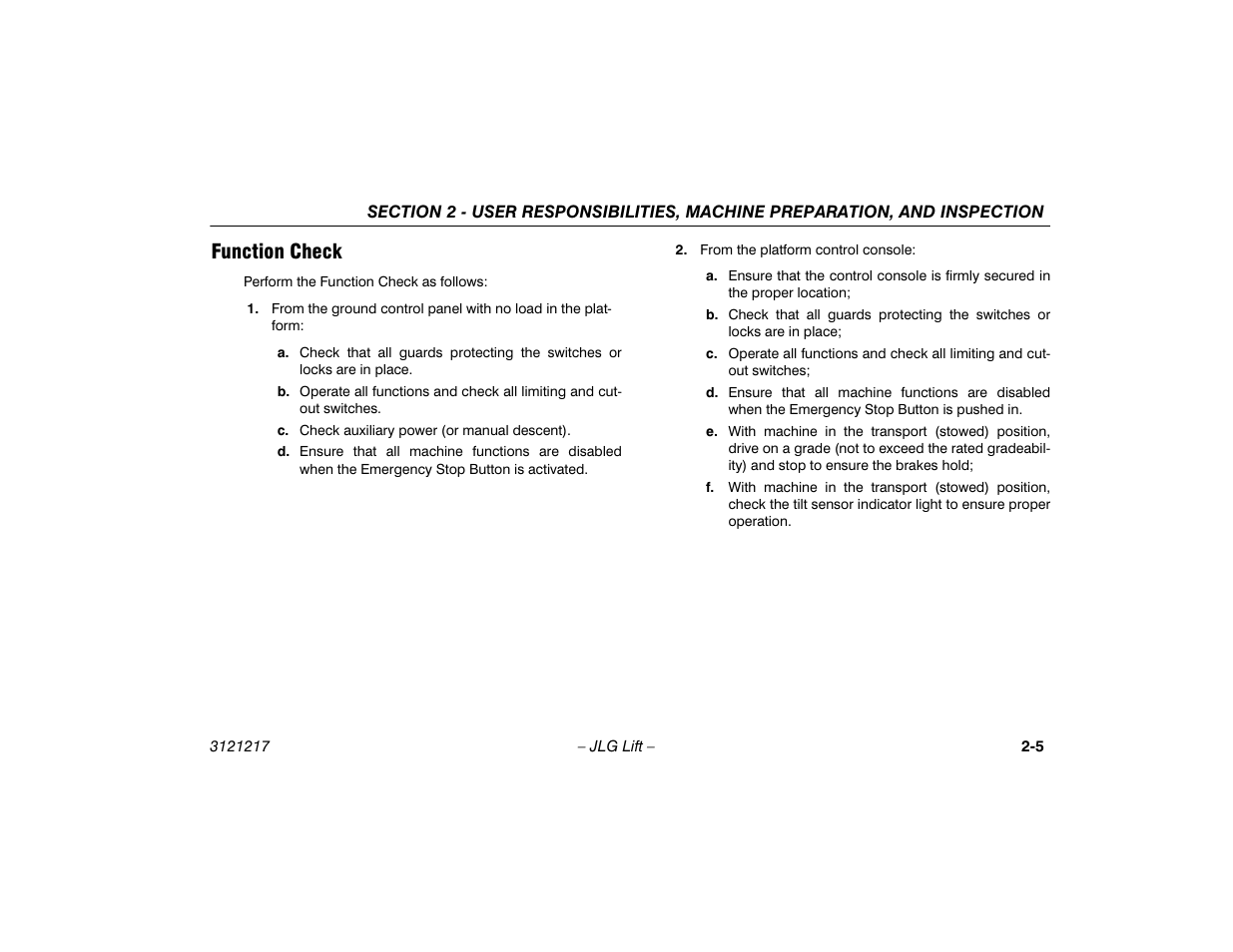 Function check, Function check -5 | JLG M600 Operator Manual User Manual | Page 25 / 102