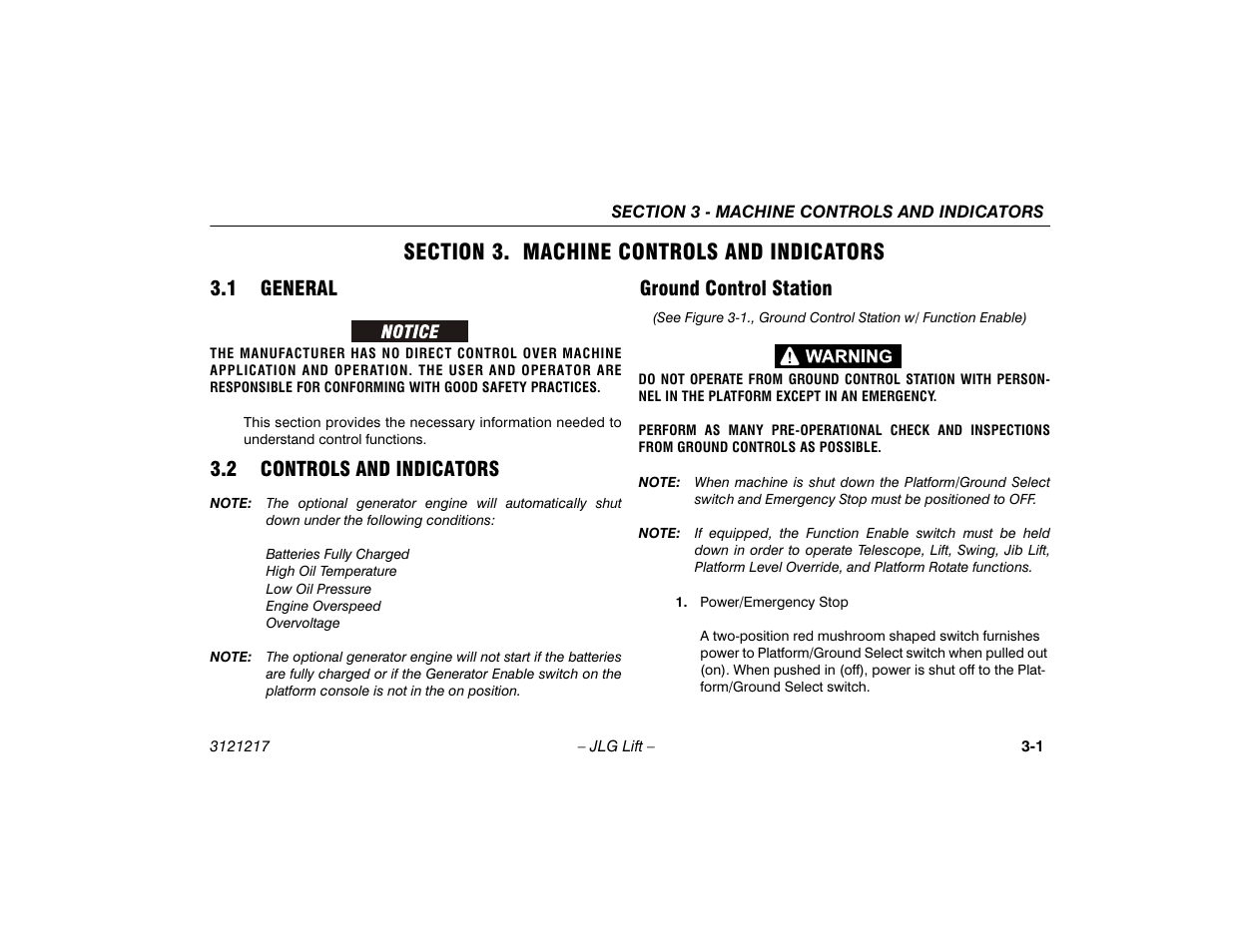 Section 3. machine controls and indicators, 1 general, 2 controls and indicators | Ground control station, Section - 3 - machine controls and indicators, General -1, Controls and indicators -1, Ground control station -1 | JLG M600 Operator Manual User Manual | Page 33 / 102