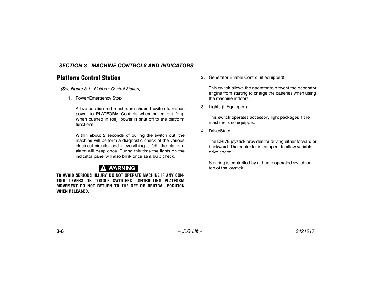 Platform control station, Platform control station -6 | JLG M600 Operator Manual User Manual | Page 38 / 102