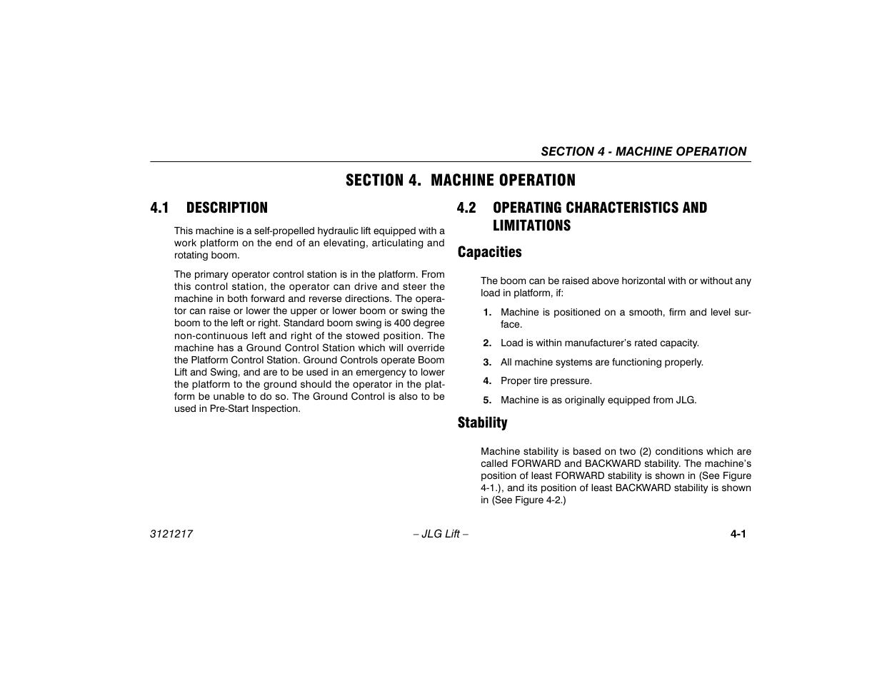 Section 4. machine operation, 1 description, 2 operating characteristics and limitations | Capacities, Stability, Section - 4 - machine operation, Description -1, Operating characteristics and, Limitations -1, Capacities -1 stability -1 | JLG M600 Operator Manual User Manual | Page 47 / 102