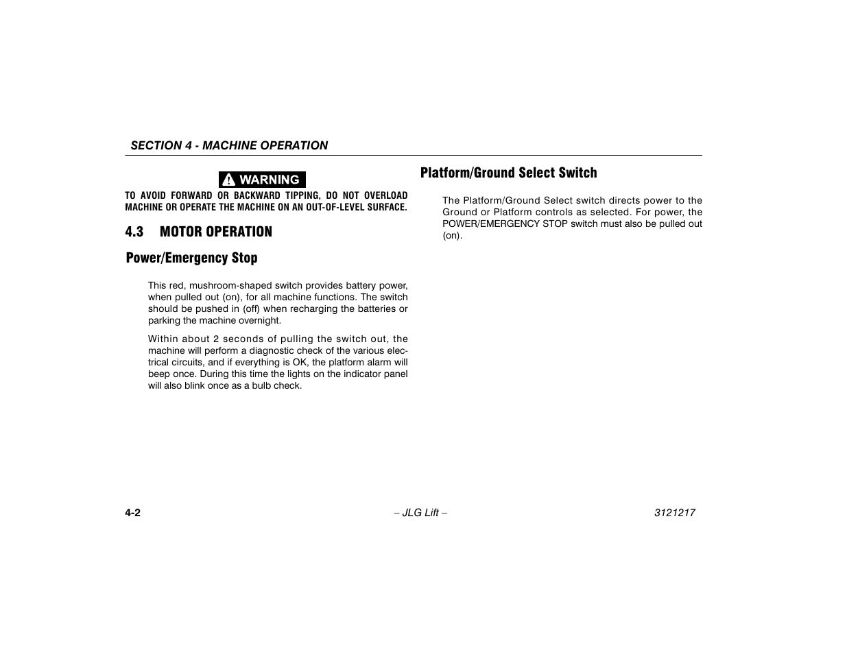 3 motor operation, Power/emergency stop, Platform/ground select switch | Motor operation -2 | JLG M600 Operator Manual User Manual | Page 48 / 102