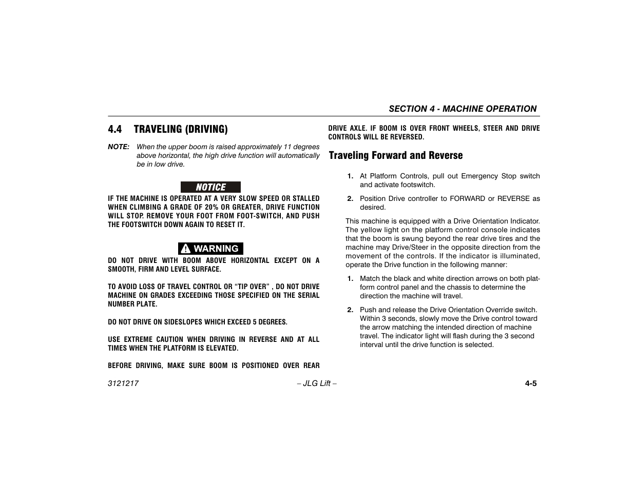 4 traveling (driving), Traveling forward and reverse, Traveling (driving) -5 | Traveling forward and reverse -5 | JLG M600 Operator Manual User Manual | Page 51 / 102