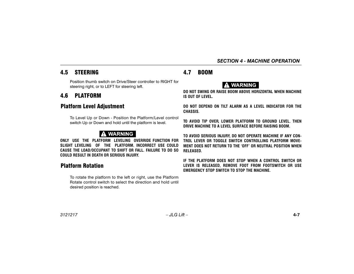 5 steering, 6 platform, Platform level adjustment | Platform rotation, 7 boom, Steering -7, Platform -7, Platform level adjustment -7 platform rotation -7, Boom -7 | JLG M600 Operator Manual User Manual | Page 53 / 102