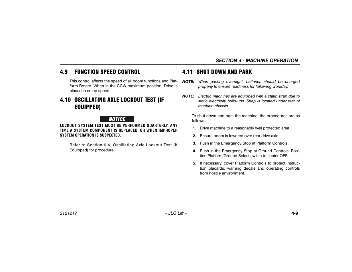 9 function speed control, 10 oscillating axle lockout test (if equipped), 11 shut down and park | Function speed control -9, 10 oscillating axle lockout test, If equipped) -9, 11 shut down and park -9 | JLG M600 Operator Manual User Manual | Page 55 / 102