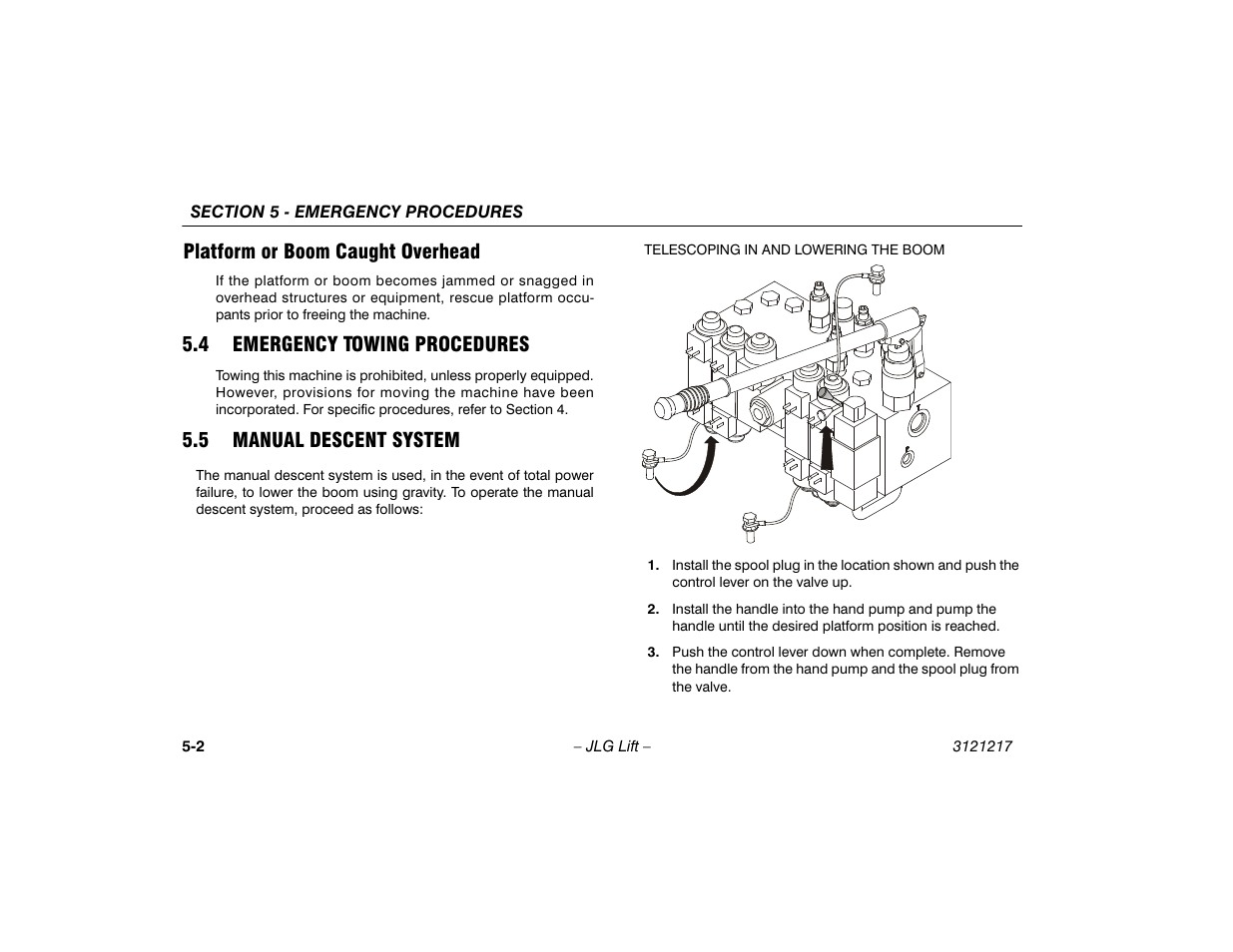 Platform or boom caught overhead, 4 emergency towing procedures, 5 manual descent system | Platform or boom caught overhead -2, Emergency towing procedures -2, Manual descent system -2 | JLG M600 Operator Manual User Manual | Page 76 / 102