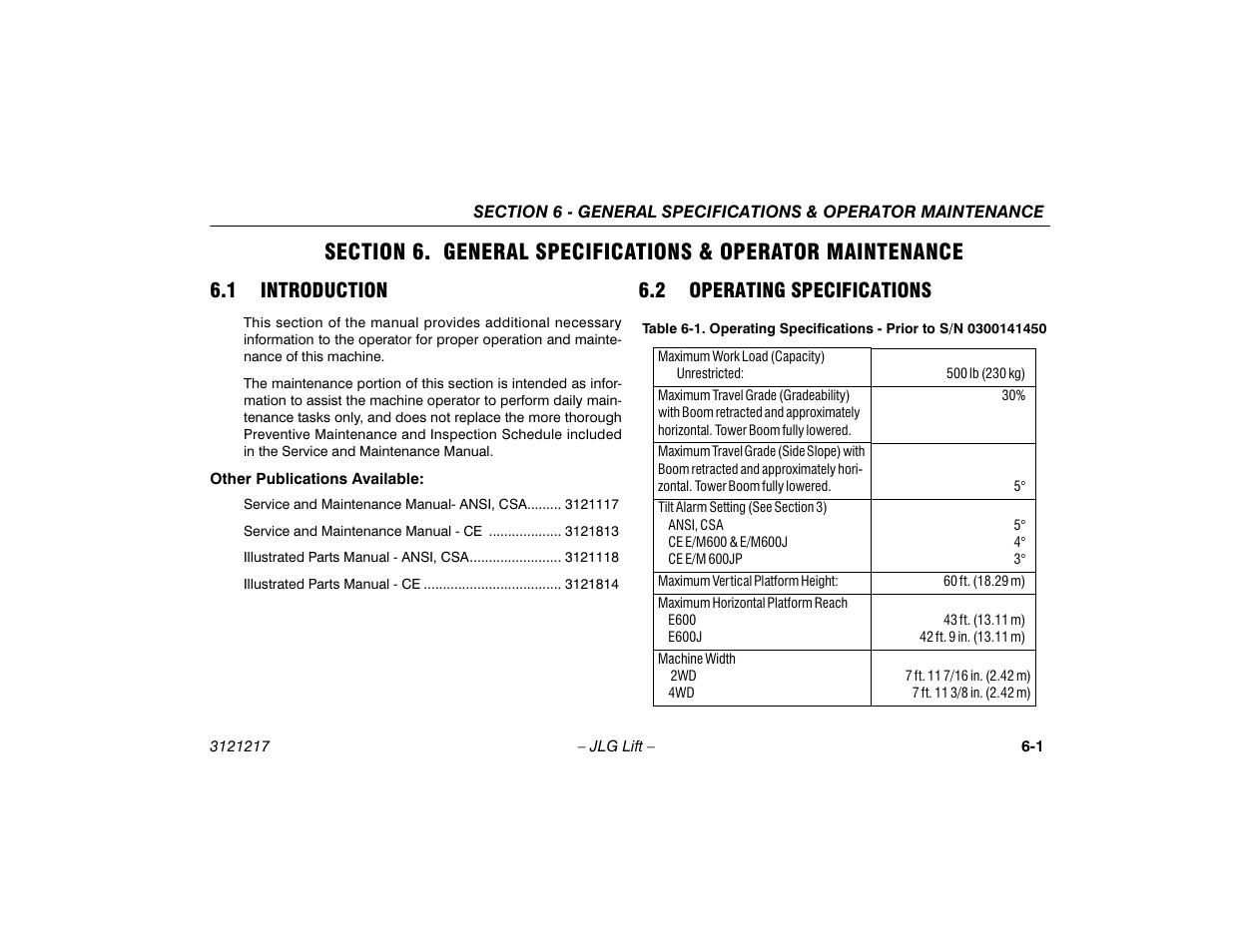 1 introduction, 2 operating specifications, Introduction -1 | Operating specifications -1 | JLG M600 Operator Manual User Manual | Page 81 / 102