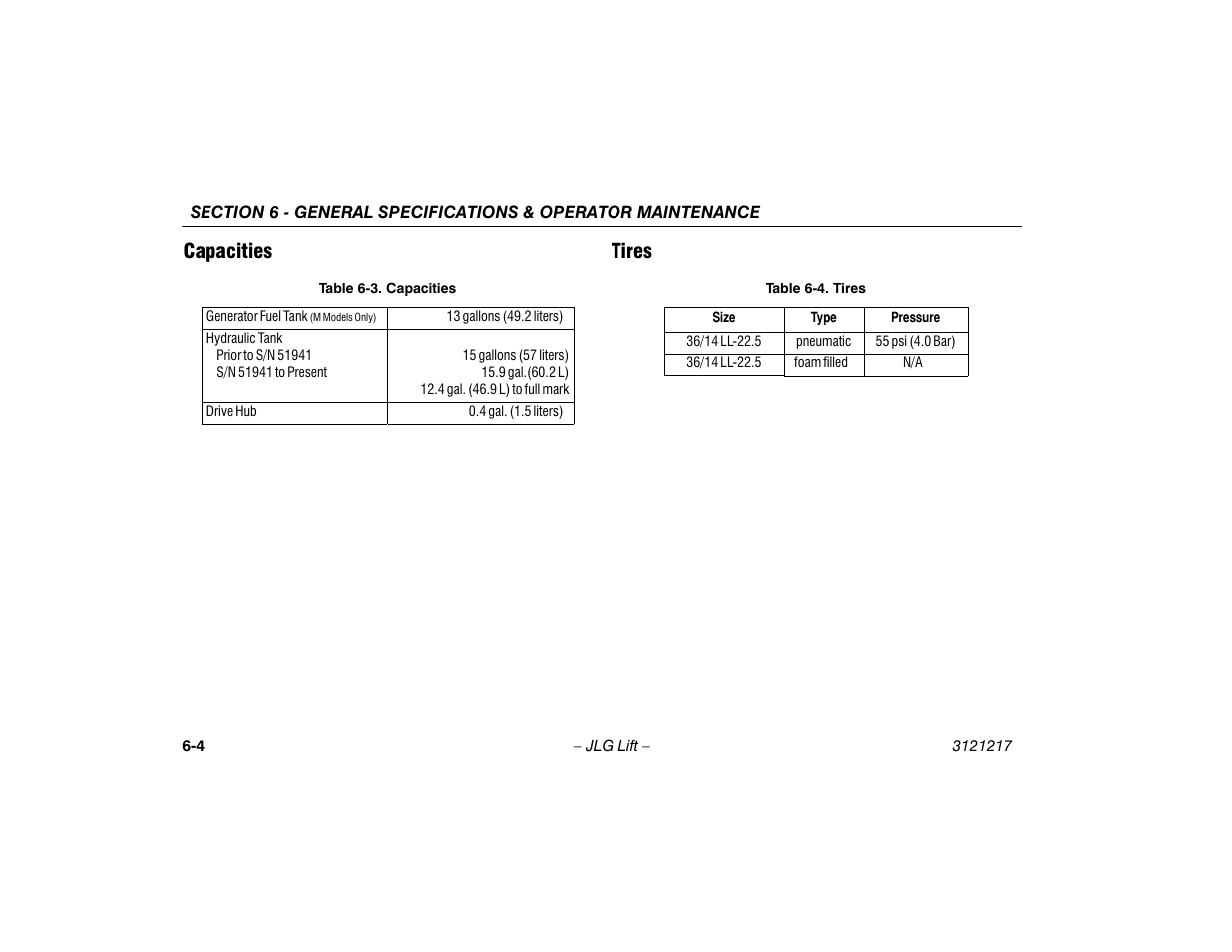 Capacities, Tires, Capacities -2 tires -3 | Capacities -2, Tires -3, Capacities tires | JLG M600 Operator Manual User Manual | Page 84 / 102