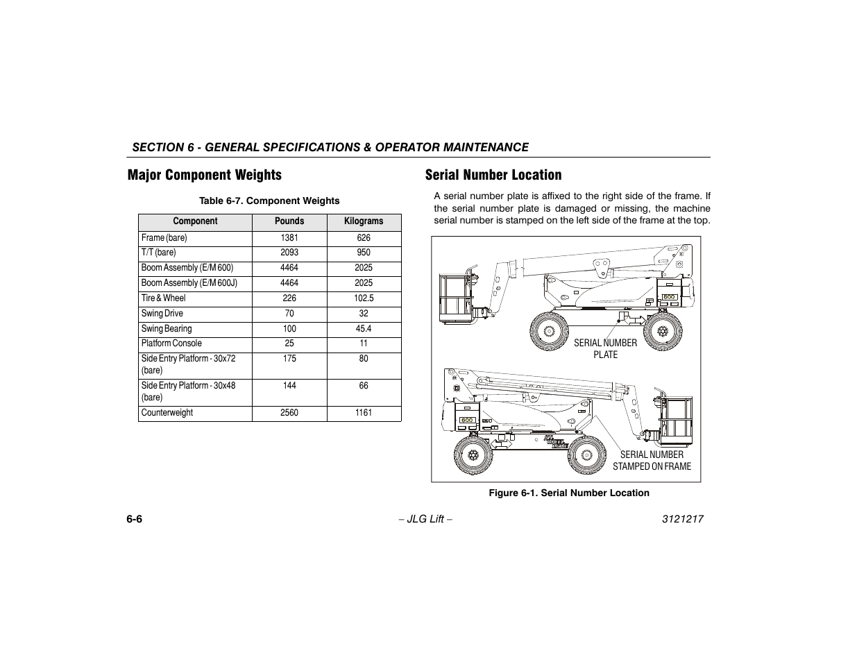 Major component weights, Serial number location, Serial number location -4 | Component weights -4, Major component weights serial number location | JLG M600 Operator Manual User Manual | Page 86 / 102